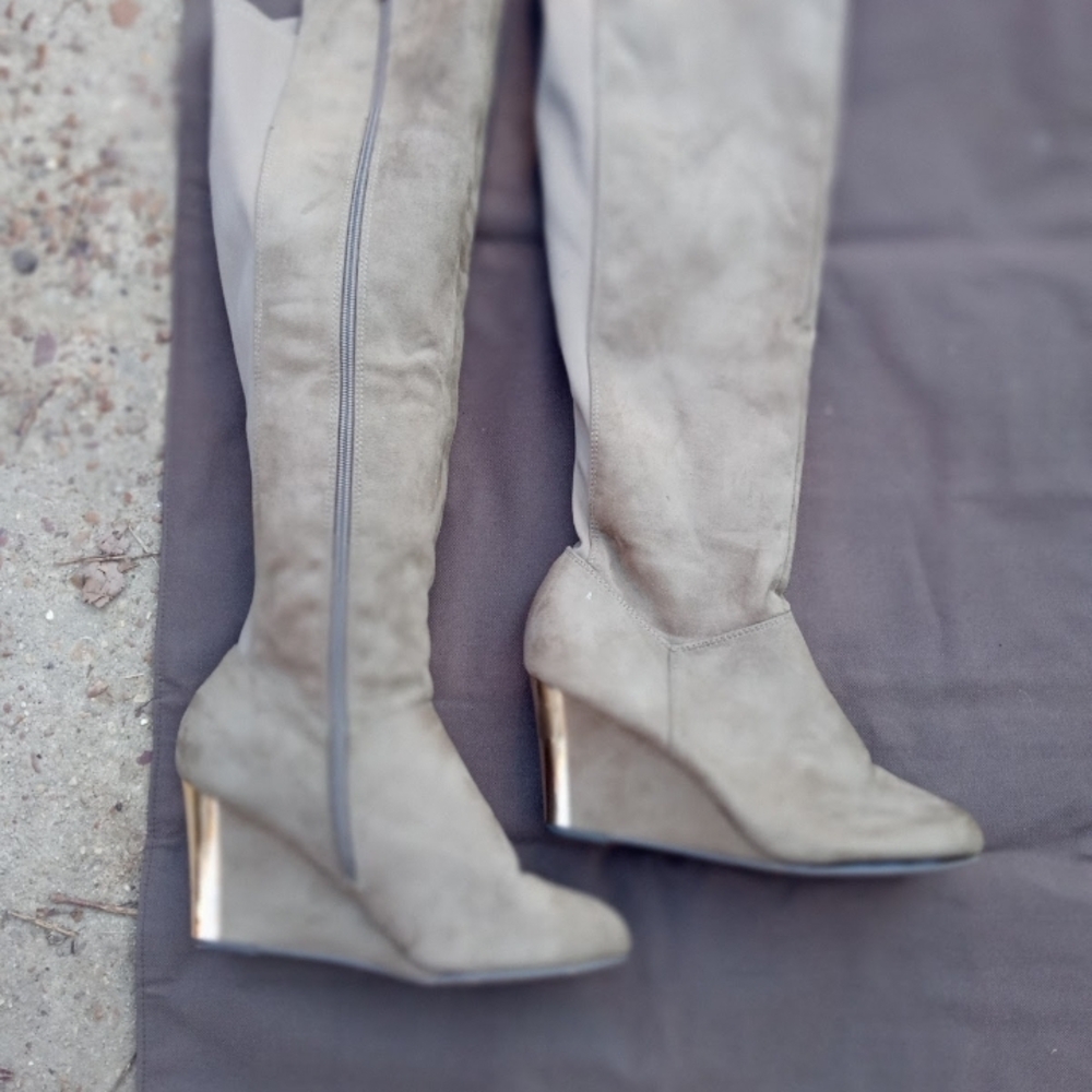 Chic Over the Knee Taupe Boots with Wedge Heel